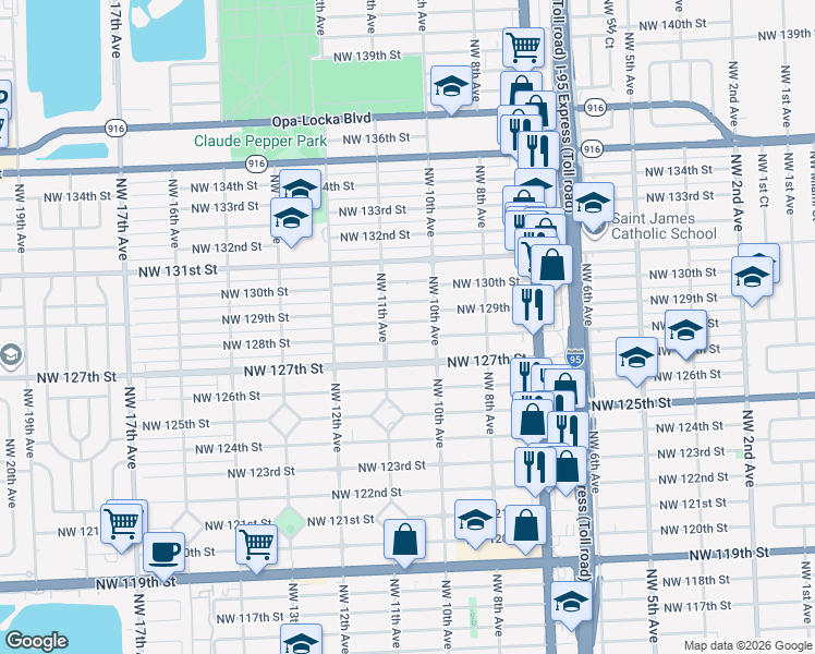 map of restaurants, bars, coffee shops, grocery stores, and more near 1010 Northwest 128th Street in North Miami