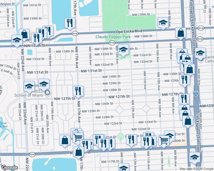 map of restaurants, bars, coffee shops, grocery stores, and more near 1385 Northwest 128th Street in North Miami