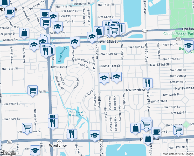 map of restaurants, bars, coffee shops, grocery stores, and more near 2101 Northwest 127th Street in Miami