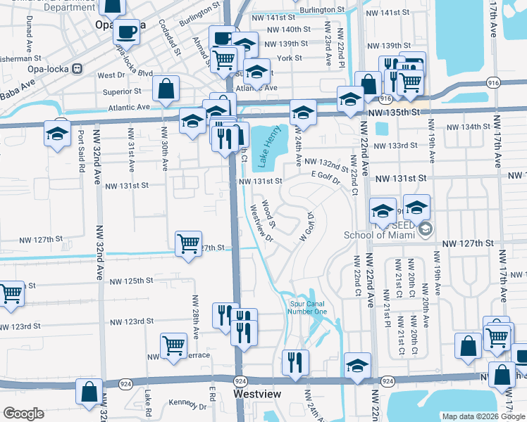 map of restaurants, bars, coffee shops, grocery stores, and more near 12821 Wood Street in Miami