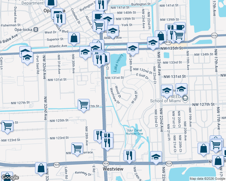 map of restaurants, bars, coffee shops, grocery stores, and more near 12800 Westview Drive in Miami