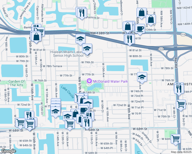 map of restaurants, bars, coffee shops, grocery stores, and more near 1065 West 76th Street in Hialeah