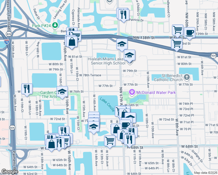 map of restaurants, bars, coffee shops, grocery stores, and more near 1306 West 76th Street in Hialeah