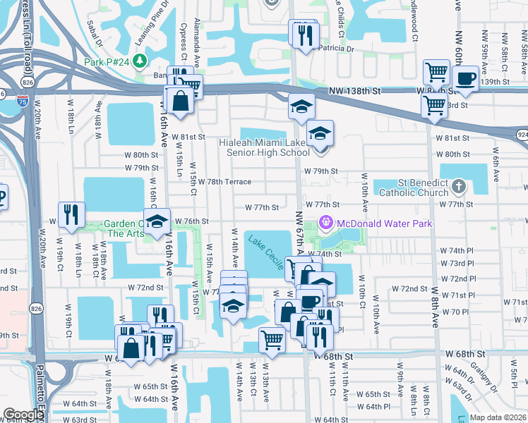 map of restaurants, bars, coffee shops, grocery stores, and more near 1300-1314 West 76th Street in Hialeah