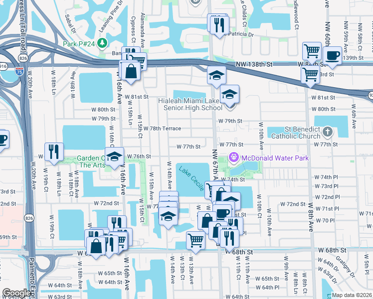 map of restaurants, bars, coffee shops, grocery stores, and more near 1306 West 76th Street in Hialeah