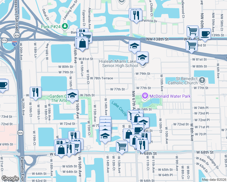 map of restaurants, bars, coffee shops, grocery stores, and more near 1384 West 76th Street in Hialeah