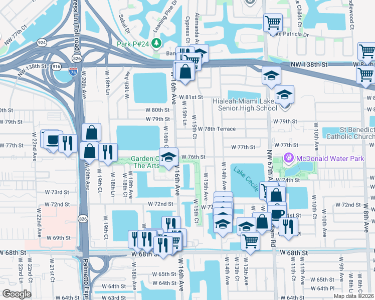 map of restaurants, bars, coffee shops, grocery stores, and more near 1535 West 76th Street in Hialeah