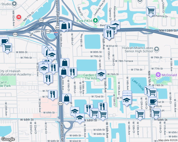 map of restaurants, bars, coffee shops, grocery stores, and more near 1755 West 76th Street in Hialeah