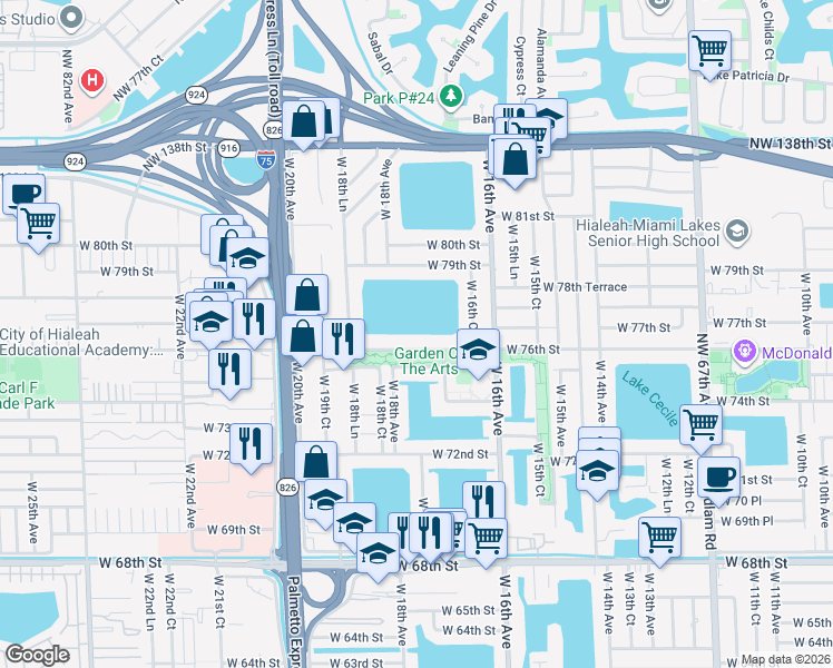 map of restaurants, bars, coffee shops, grocery stores, and more near 1755 West 76th Street in Hialeah