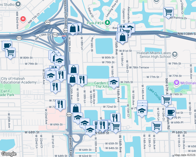 map of restaurants, bars, coffee shops, grocery stores, and more near 1755 West 76th Street in Hialeah