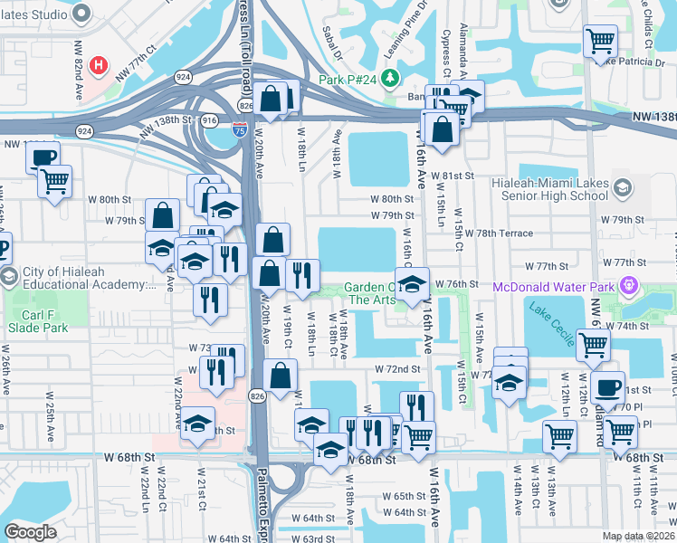 map of restaurants, bars, coffee shops, grocery stores, and more near 1815 West 76th Street in Hialeah