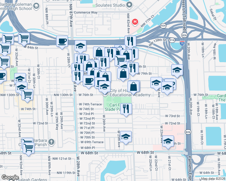 map of restaurants, bars, coffee shops, grocery stores, and more near in Hialeah