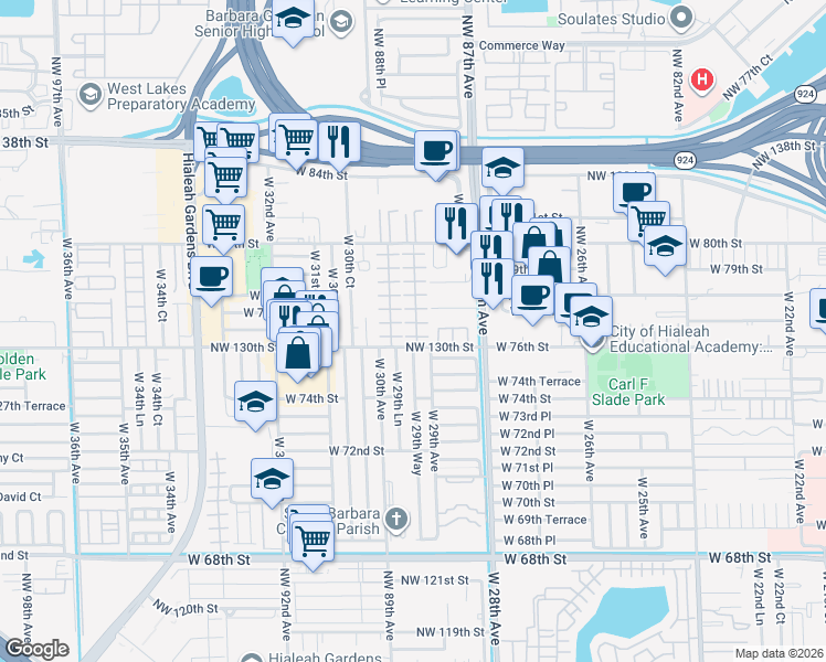 map of restaurants, bars, coffee shops, grocery stores, and more near 7599 West 29th Lane in Hialeah