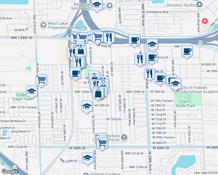 map of restaurants, bars, coffee shops, grocery stores, and more near 3142 West 76th Street in Hialeah