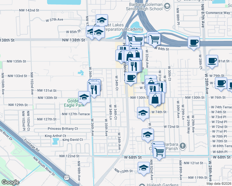 map of restaurants, bars, coffee shops, grocery stores, and more near 7601 West 34th Court in Hialeah
