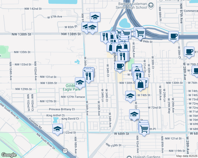 map of restaurants, bars, coffee shops, grocery stores, and more near 7594 West 34th Lane in Hialeah