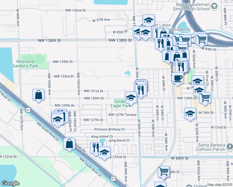 map of restaurants, bars, coffee shops, grocery stores, and more near 9881 Northwest 130th Street in Hialeah
