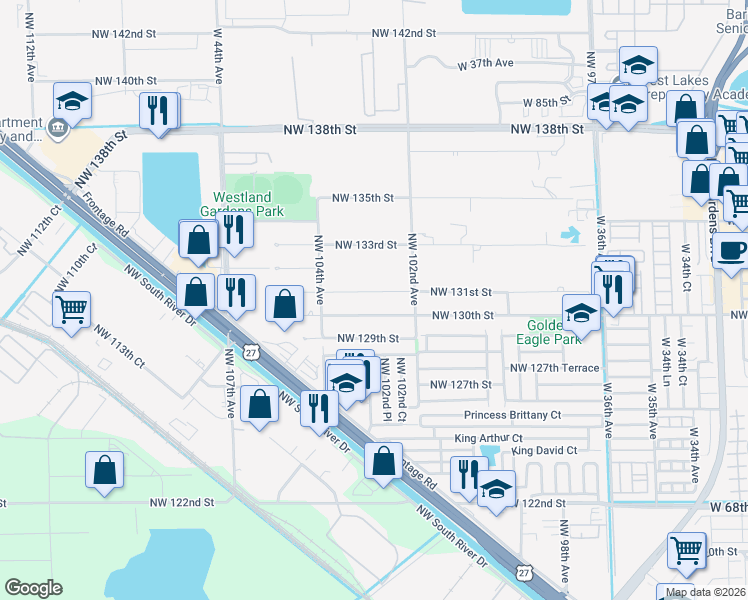 map of restaurants, bars, coffee shops, grocery stores, and more near 10256 Northwest 130th Street in Hialeah Gardens