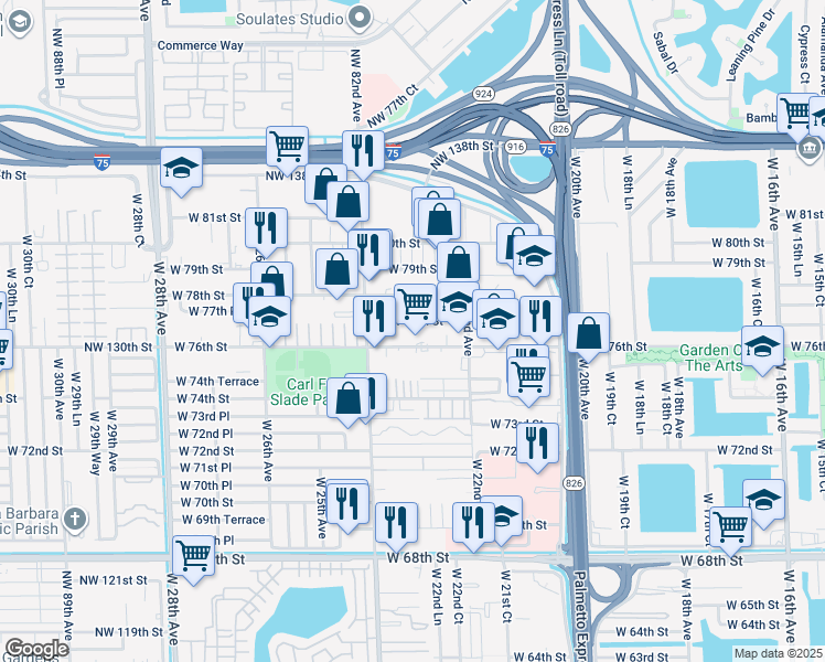 map of restaurants, bars, coffee shops, grocery stores, and more near 2265 West 76th Street in Hialeah