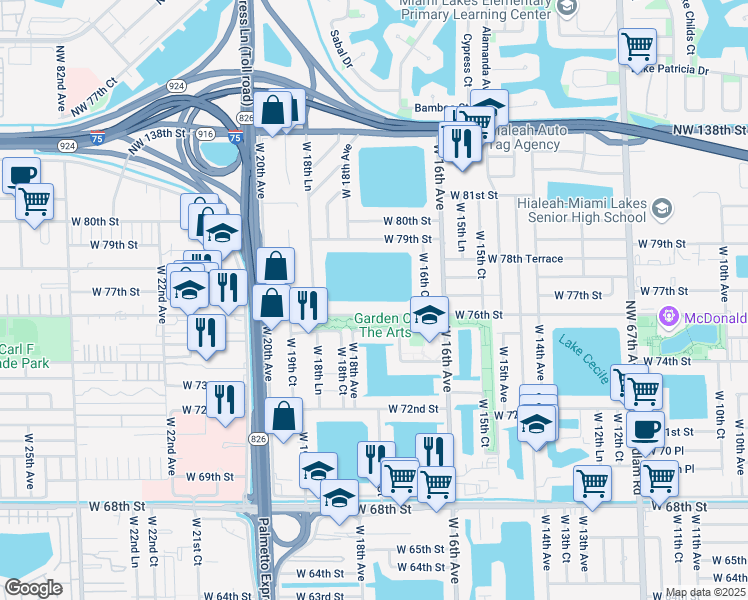 map of restaurants, bars, coffee shops, grocery stores, and more near 1755 West 76th Street in Hialeah