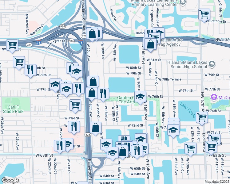 map of restaurants, bars, coffee shops, grocery stores, and more near 1815 West 76th Street in Hialeah