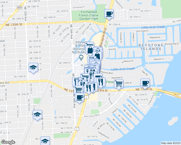 map of restaurants, bars, coffee shops, grocery stores, and more near in North Miami