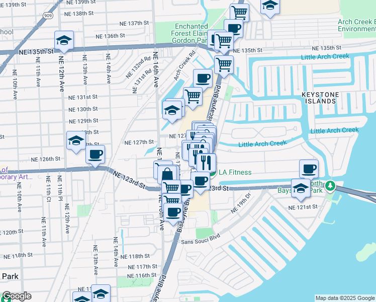 map of restaurants, bars, coffee shops, grocery stores, and more near 1704 Northeast 125th Street in North Miami
