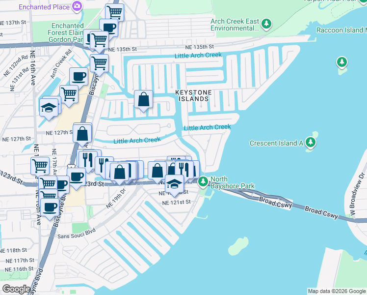map of restaurants, bars, coffee shops, grocery stores, and more near 2130 Alamanda Drive in North Miami