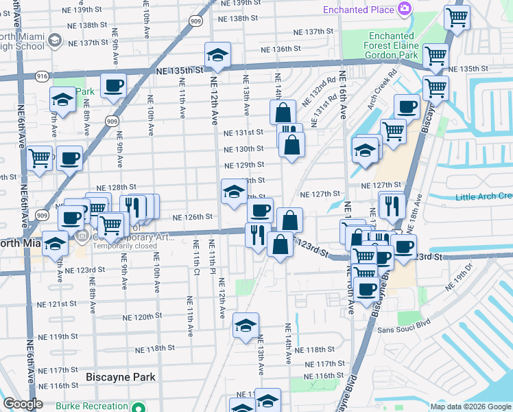 map of restaurants, bars, coffee shops, grocery stores, and more near 12501 Northeast 13th Avenue in North Miami