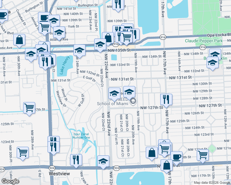 map of restaurants, bars, coffee shops, grocery stores, and more near 12900 Northwest 21st Avenue in Miami