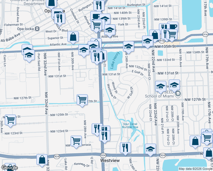 map of restaurants, bars, coffee shops, grocery stores, and more near 12800 Westview Drive in Miami