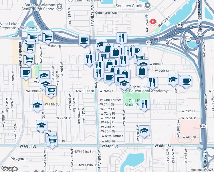 map of restaurants, bars, coffee shops, grocery stores, and more near 2730 West 76th Street in Hialeah