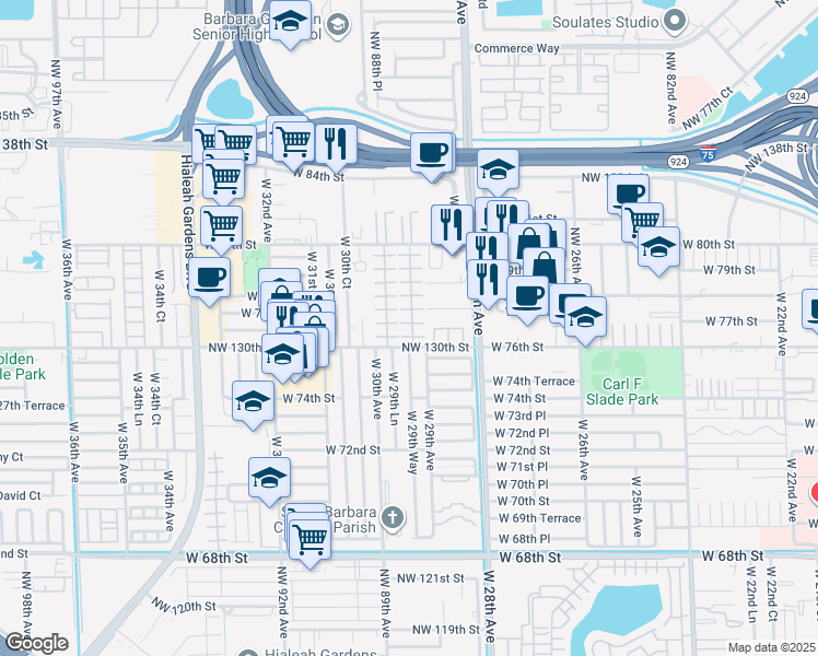 map of restaurants, bars, coffee shops, grocery stores, and more near 7599 West 29th Lane in Hialeah