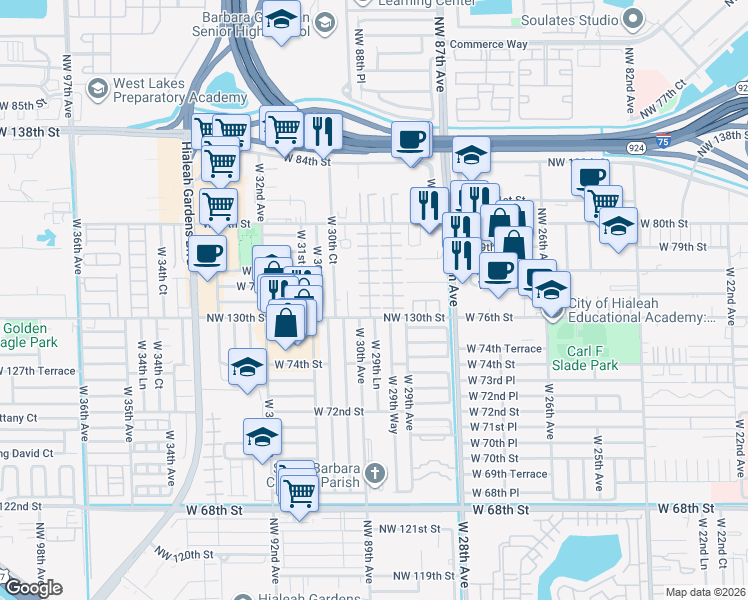 map of restaurants, bars, coffee shops, grocery stores, and more near 7599 West 29th Lane in Hialeah