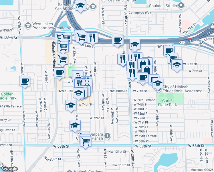 map of restaurants, bars, coffee shops, grocery stores, and more near 7599 West 29th Lane in Hialeah