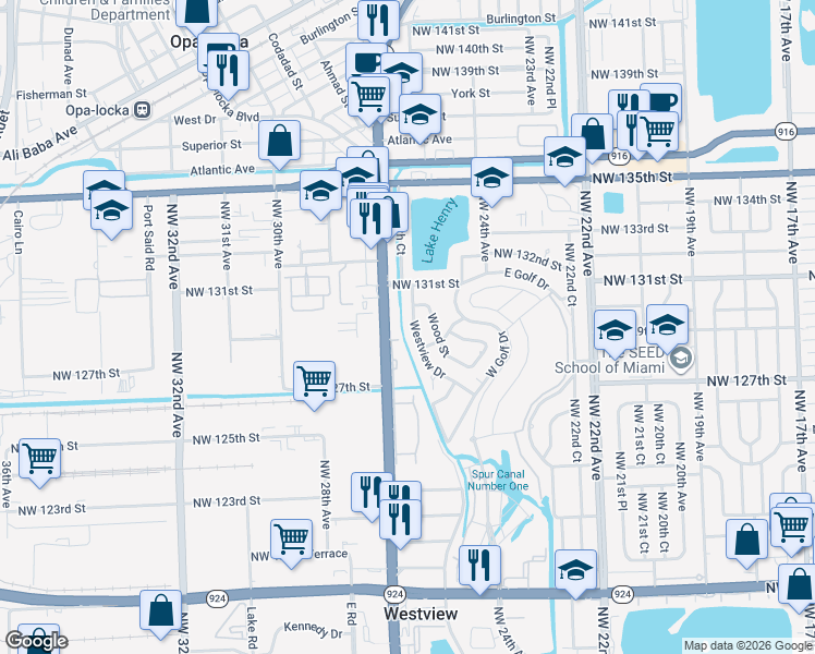map of restaurants, bars, coffee shops, grocery stores, and more near 12800 Westview Drive in Miami