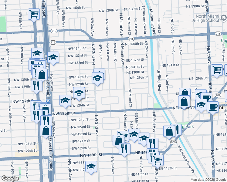 map of restaurants, bars, coffee shops, grocery stores, and more near 70 Northwest 128th Street in Miami