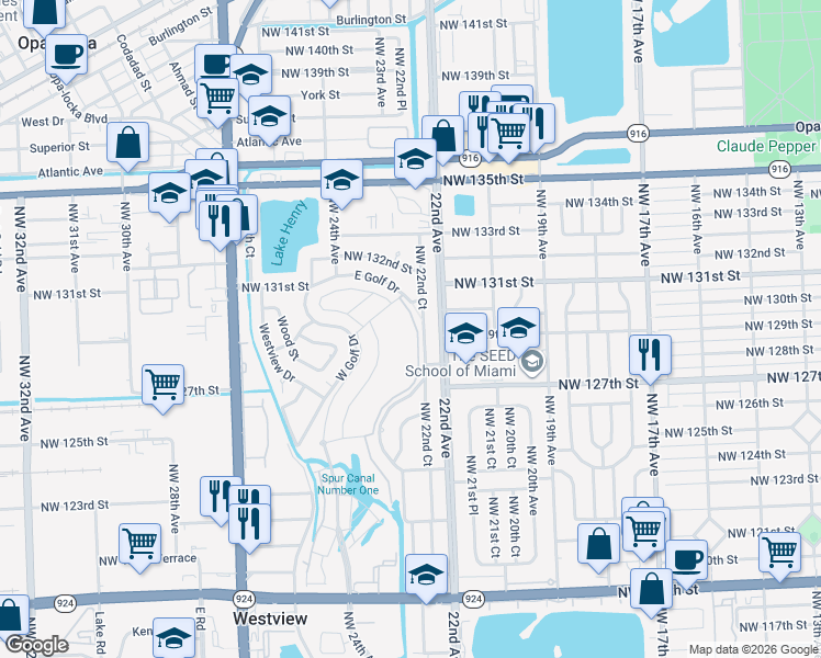map of restaurants, bars, coffee shops, grocery stores, and more near 12821 East Golf Drive in Miami