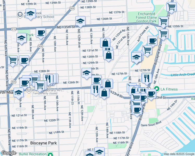 map of restaurants, bars, coffee shops, grocery stores, and more near 12501 Northeast 13th Avenue in North Miami
