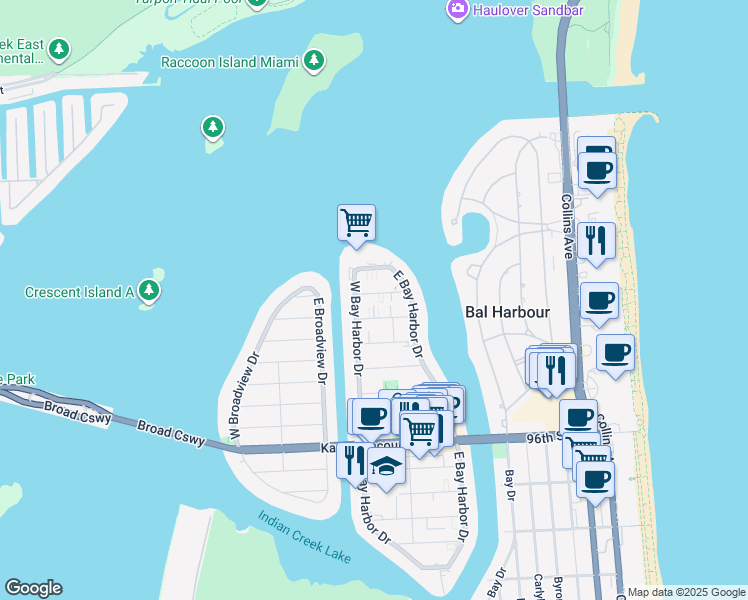 map of restaurants, bars, coffee shops, grocery stores, and more near 1150 102nd Street in Bay Harbor Islands