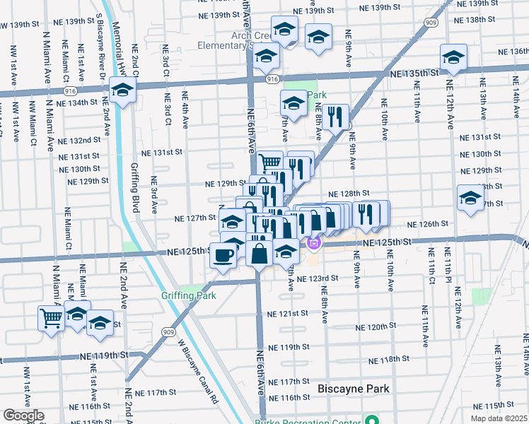 map of restaurants, bars, coffee shops, grocery stores, and more near 12605 Florida 909 in North Miami