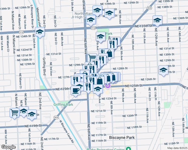 map of restaurants, bars, coffee shops, grocery stores, and more near 652 Northeast 128th Street in North Miami