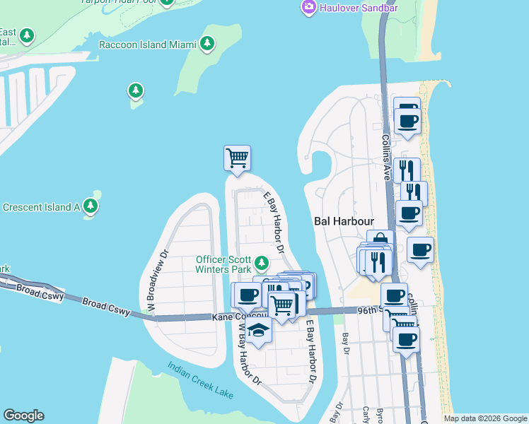 map of restaurants, bars, coffee shops, grocery stores, and more near 10261 East Bay Harbor Drive in Bay Harbor Islands