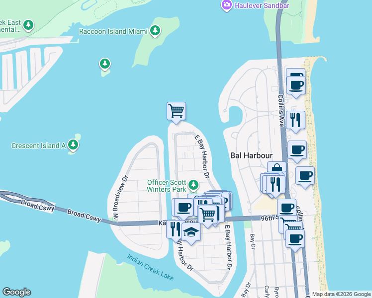 map of restaurants, bars, coffee shops, grocery stores, and more near 1170 103rd Street in Bay Harbor Islands