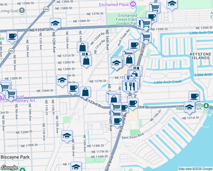 map of restaurants, bars, coffee shops, grocery stores, and more near 1545 Northeast 127th Street in North Miami