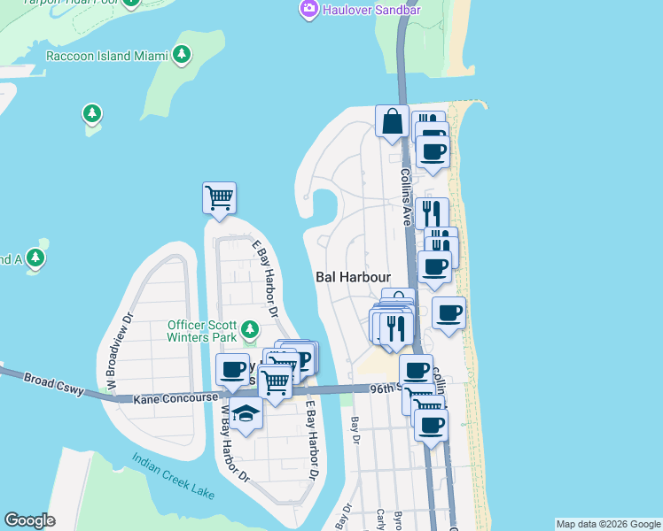 map of restaurants, bars, coffee shops, grocery stores, and more near 162 Bal Bay Drive in Bal Harbour