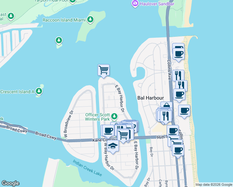 map of restaurants, bars, coffee shops, grocery stores, and more near 10261 East Bay Harbor Drive in Bay Harbor Islands
