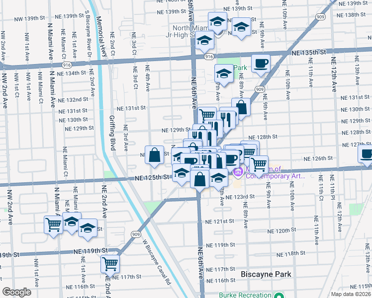 map of restaurants, bars, coffee shops, grocery stores, and more near 12830 Northeast 6th Avenue in North Miami