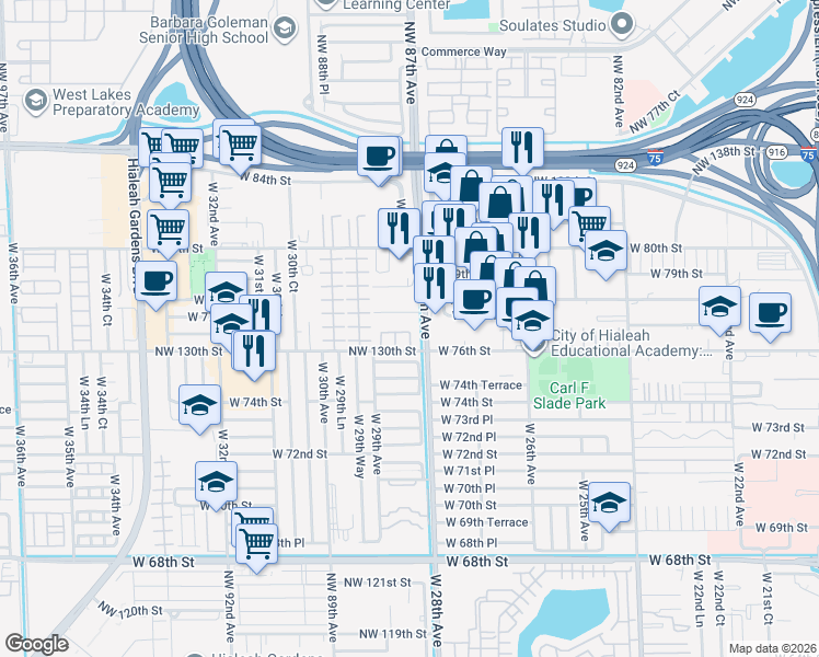 map of restaurants, bars, coffee shops, grocery stores, and more near 7751 West 28th Avenue in Hialeah