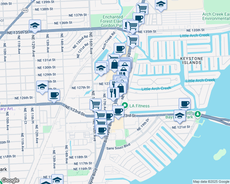 map of restaurants, bars, coffee shops, grocery stores, and more near 12600 Biscayne Boulevard in North Miami